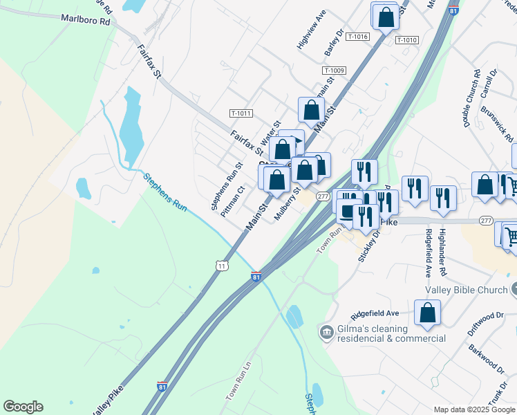 map of restaurants, bars, coffee shops, grocery stores, and more near 5483 Main Street in Stephens City