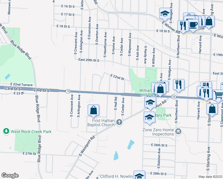 map of restaurants, bars, coffee shops, grocery stores, and more near 2225 South Home Avenue in Independence
