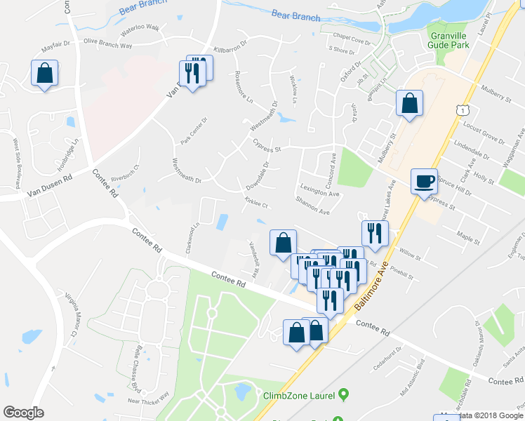 map of restaurants, bars, coffee shops, grocery stores, and more near 7709 Kirklee Court in Laurel