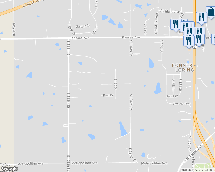 map of restaurants, bars, coffee shops, grocery stores, and more near 13521 Pioneer Drive in Bonner Springs