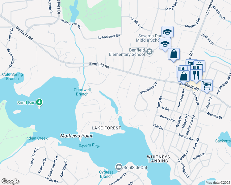map of restaurants, bars, coffee shops, grocery stores, and more near 518 Lakeland Road South in Severna Park