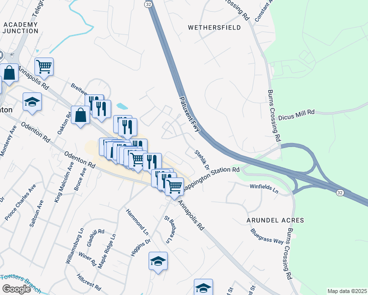 map of restaurants, bars, coffee shops, grocery stores, and more near 537 Tranquil Court in Odenton