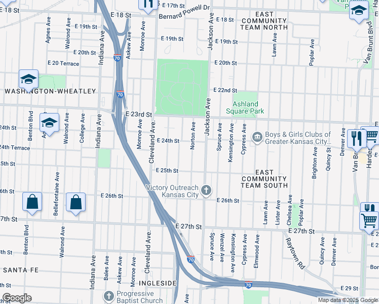 map of restaurants, bars, coffee shops, grocery stores, and more near 2433 Myrtle Avenue in Kansas City