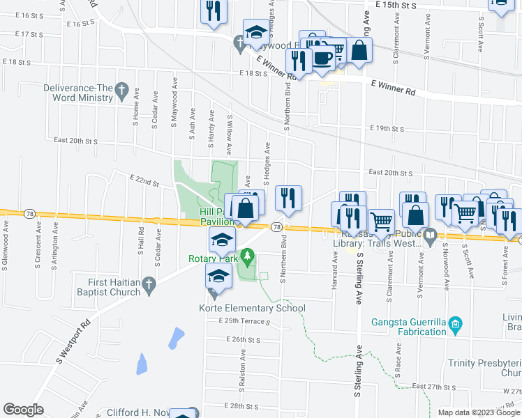 map of restaurants, bars, coffee shops, grocery stores, and more near 10613 East Hill Park Terrace in Independence