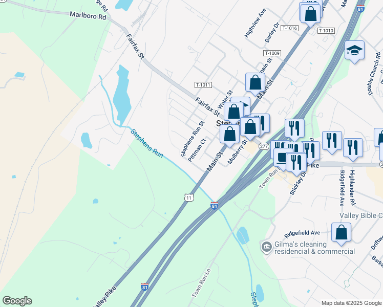 map of restaurants, bars, coffee shops, grocery stores, and more near 109 Pittman Court in Stephens City