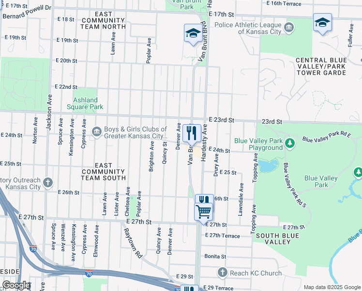 map of restaurants, bars, coffee shops, grocery stores, and more near 2403 Denver Avenue in Kansas City