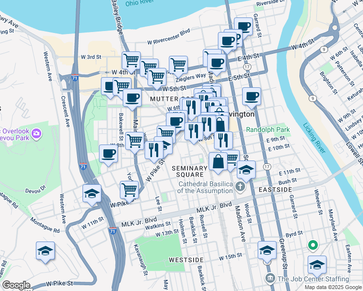 map of restaurants, bars, coffee shops, grocery stores, and more near 823 Russell Street in Covington