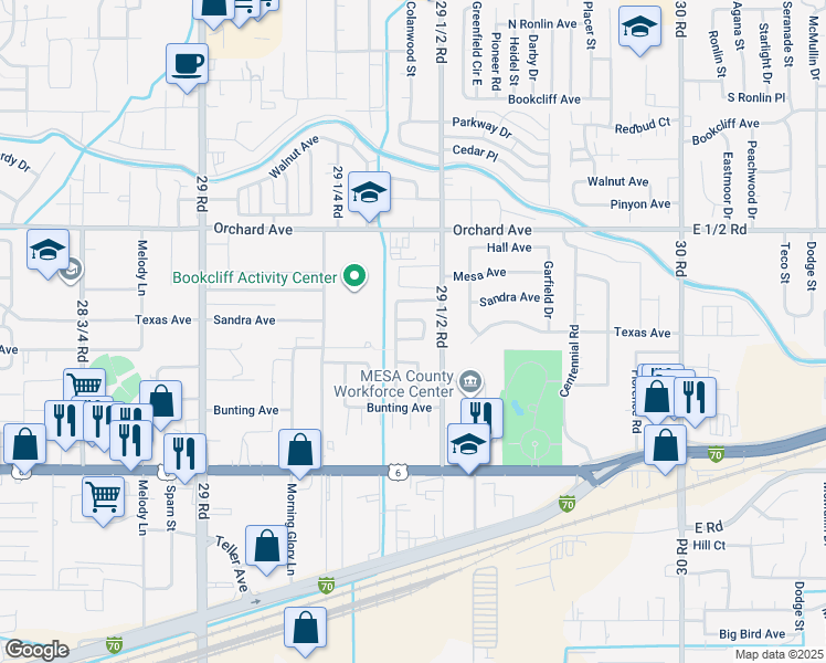 map of restaurants, bars, coffee shops, grocery stores, and more near 2943 South Palace Circle in Grand Junction