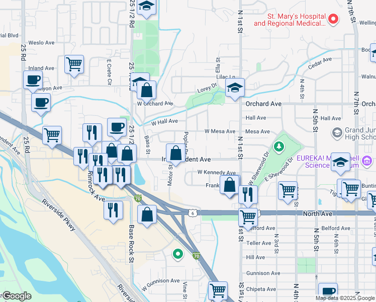 map of restaurants, bars, coffee shops, grocery stores, and more near 436 Independent Avenue in Grand Junction