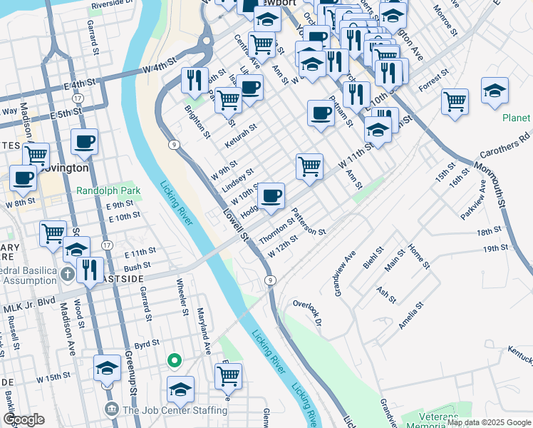 map of restaurants, bars, coffee shops, grocery stores, and more near 1102 Brighton Street in Newport
