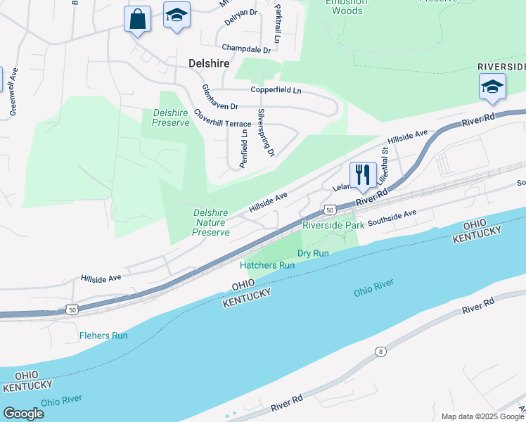 map of restaurants, bars, coffee shops, grocery stores, and more near 3634 Fithian Street in Cincinnati