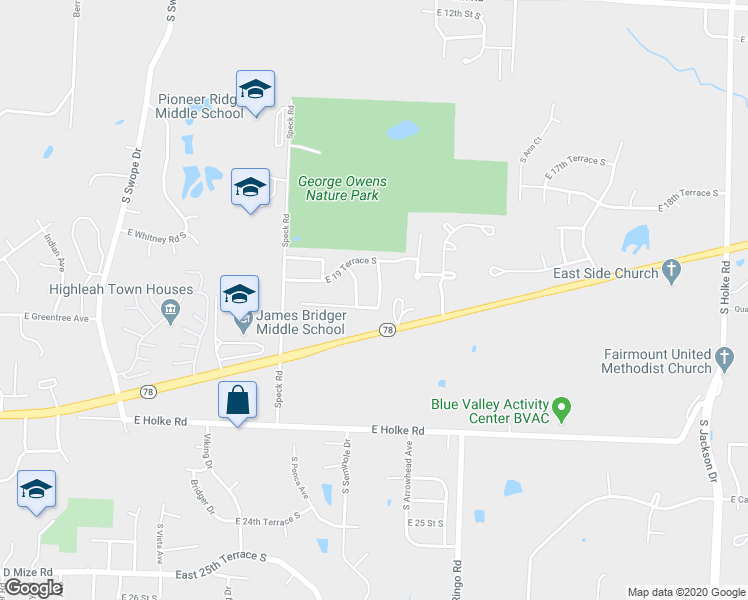 map of restaurants, bars, coffee shops, grocery stores, and more near 18601 East 20th Street Court South in Independence