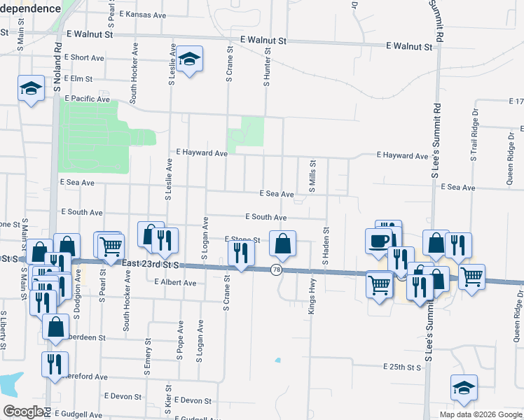 map of restaurants, bars, coffee shops, grocery stores, and more near 1103 East South Avenue in Independence