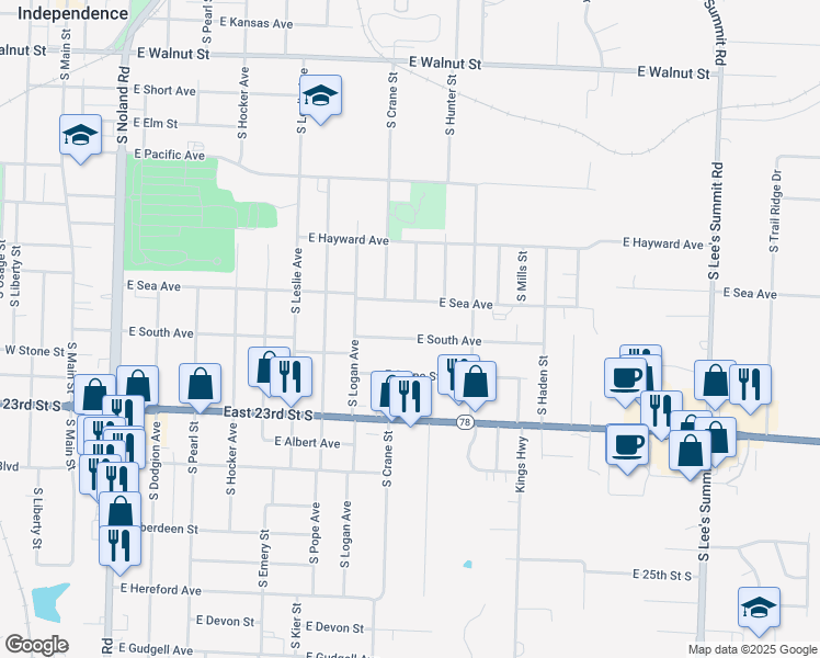 map of restaurants, bars, coffee shops, grocery stores, and more near 1001 East South Avenue in Independence