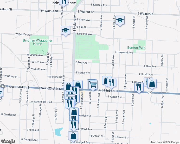 map of restaurants, bars, coffee shops, grocery stores, and more near 313 East South Avenue in Independence