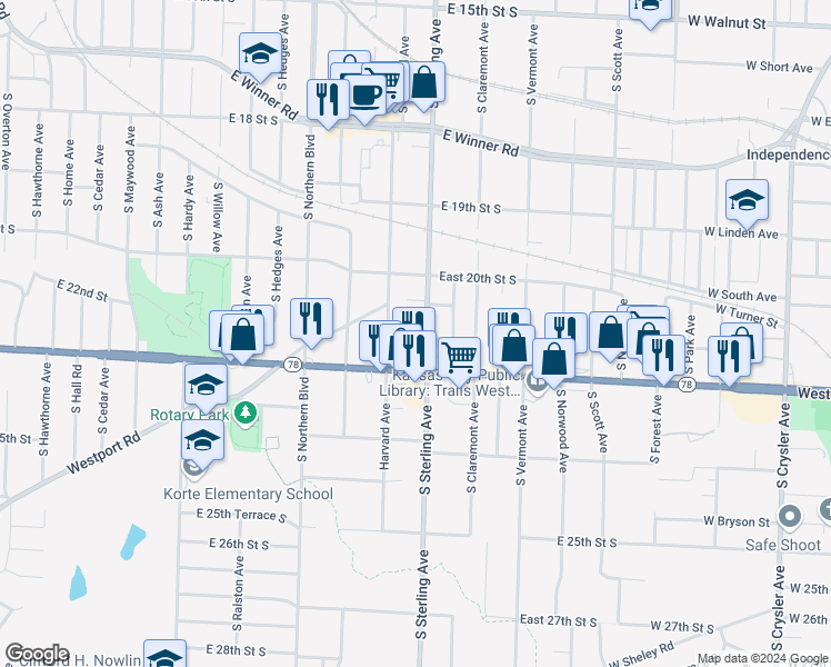 map of restaurants, bars, coffee shops, grocery stores, and more near 11205 East 22 Street South in Independence