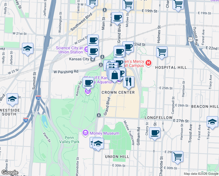 map of restaurants, bars, coffee shops, grocery stores, and more near 2510 Grand Boulevard in Kansas City