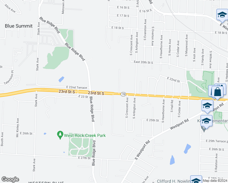 map of restaurants, bars, coffee shops, grocery stores, and more near 9404 East 23rd Street South in Independence
