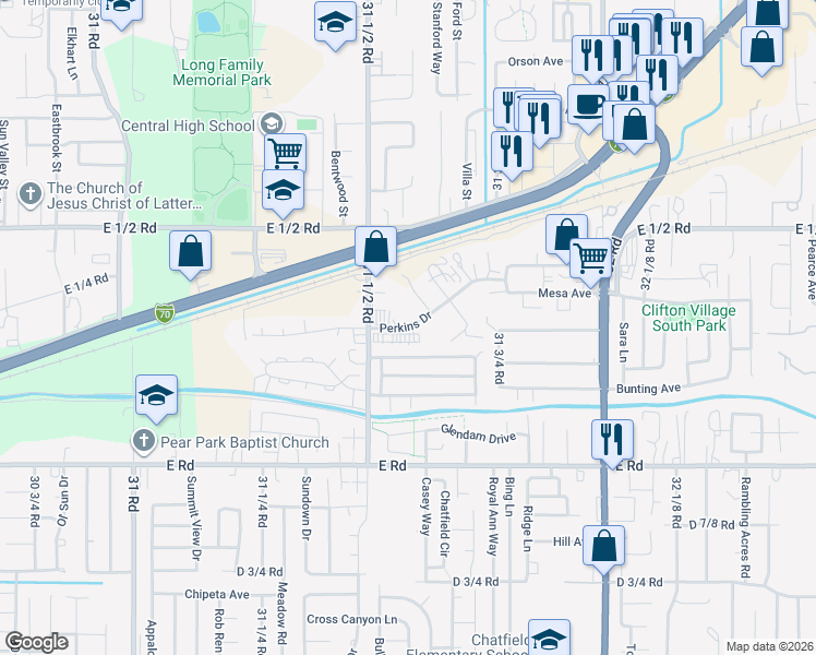 map of restaurants, bars, coffee shops, grocery stores, and more near 3155 Perkins Drive in Grand Junction