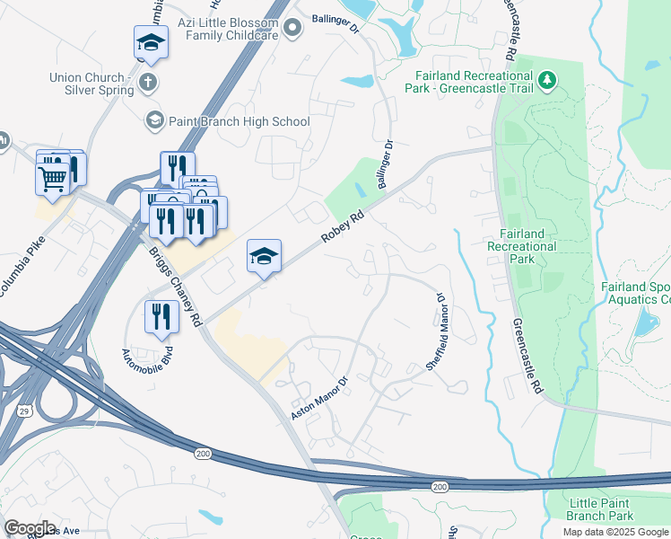 map of restaurants, bars, coffee shops, grocery stores, and more near 3307 Sir Thomas Drive in Silver Spring