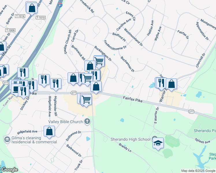 map of restaurants, bars, coffee shops, grocery stores, and more near 110 Nottoway Drive in Stephens City