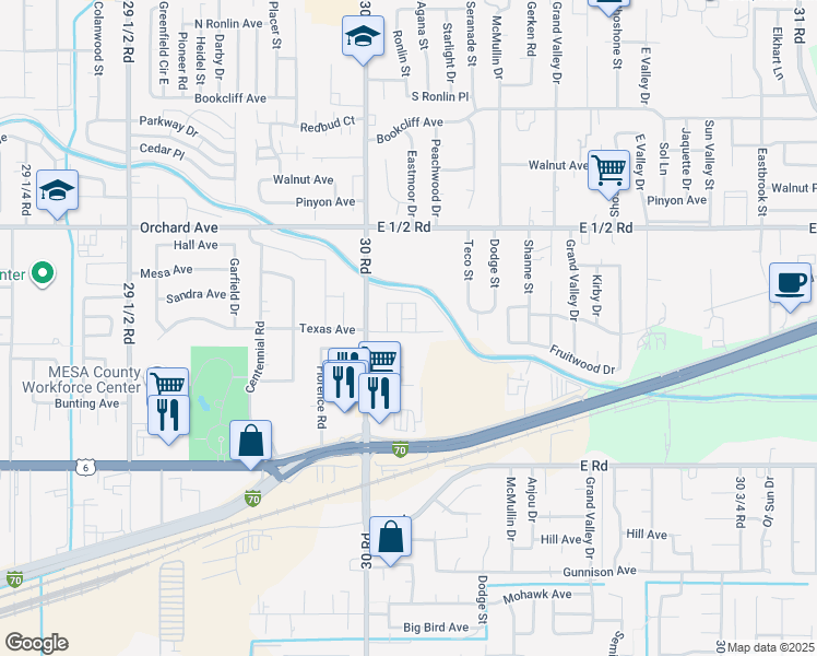 map of restaurants, bars, coffee shops, grocery stores, and more near 3010 Market Way in Grand Junction