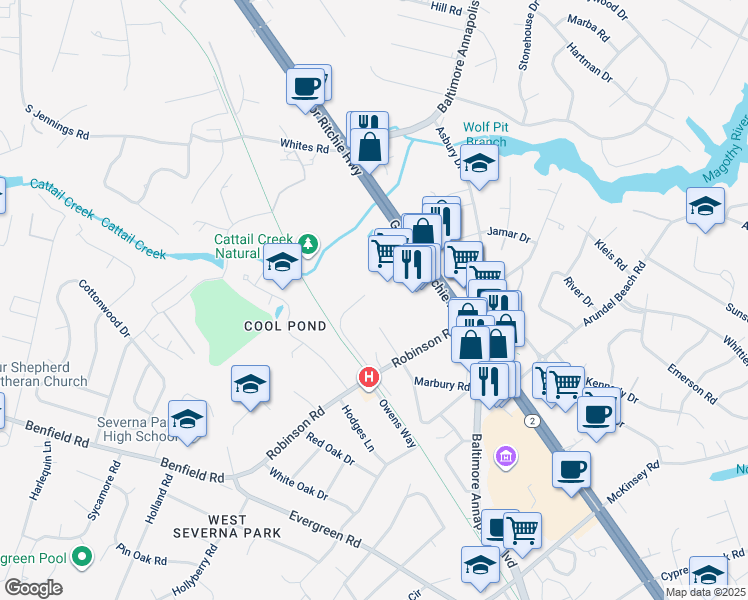 map of restaurants, bars, coffee shops, grocery stores, and more near 634 Robinson Station Road in Severna Park