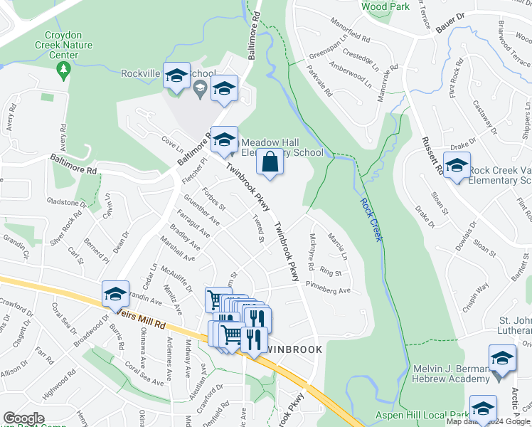map of restaurants, bars, coffee shops, grocery stores, and more near 710 Twinbrook Parkway in Rockville