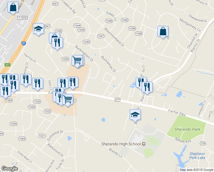 map of restaurants, bars, coffee shops, grocery stores, and more near 131 Georgetowne Court in Stephens City