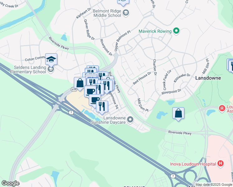 map of restaurants, bars, coffee shops, grocery stores, and more near 19322 Gardner View Square in Leesburg