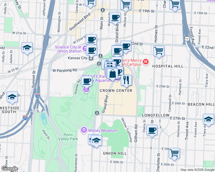 map of restaurants, bars, coffee shops, grocery stores, and more near 2510 Grand Boulevard in Kansas City