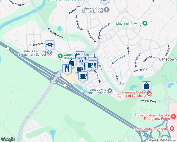map of restaurants, bars, coffee shops, grocery stores, and more near 43539 Michigan Square in Leesburg