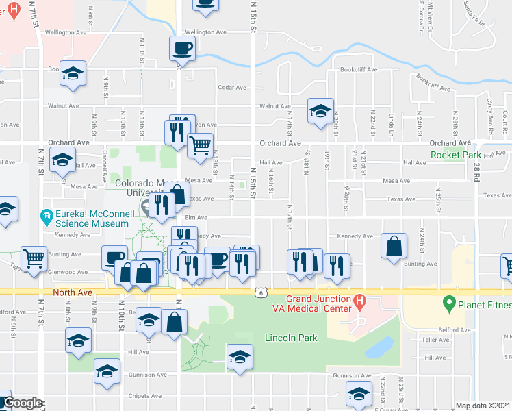 map of restaurants, bars, coffee shops, grocery stores, and more near 1502 Elm Avenue in Grand Junction