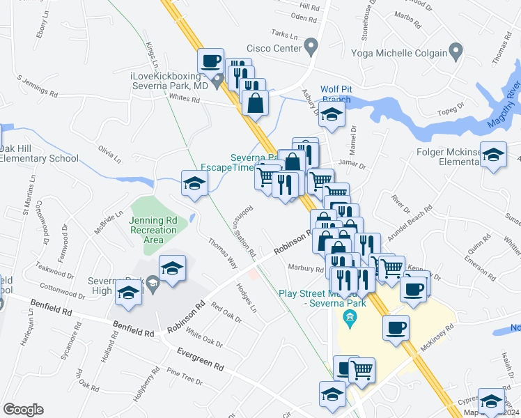 map of restaurants, bars, coffee shops, grocery stores, and more near 634 Robinson Station Road in Severna Park