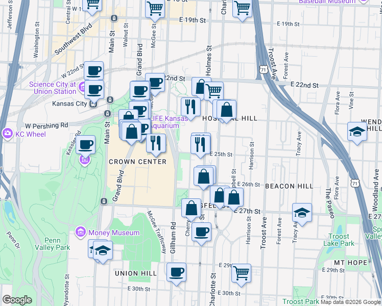 map of restaurants, bars, coffee shops, grocery stores, and more near E 25th St & Cherry St in Kansas City