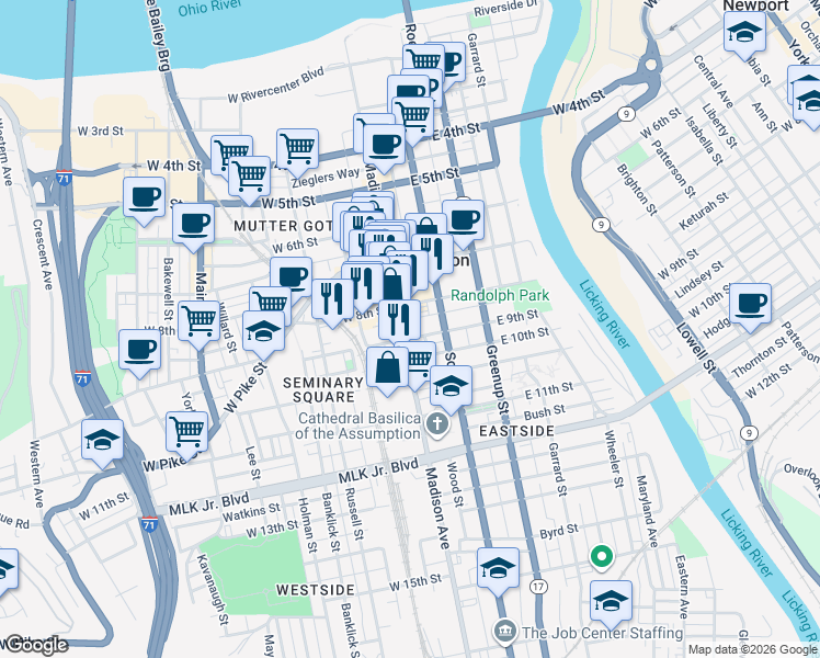 map of restaurants, bars, coffee shops, grocery stores, and more near 7 West 9th Street in Covington