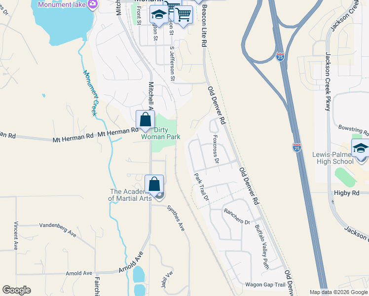 map of restaurants, bars, coffee shops, grocery stores, and more near 17130 Park Trail Drive in Monument