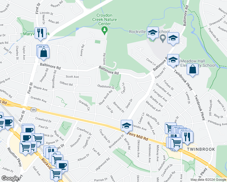 map of restaurants, bars, coffee shops, grocery stores, and more near 1305 Gladstone Drive in Rockville