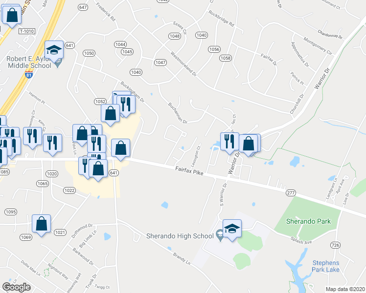 map of restaurants, bars, coffee shops, grocery stores, and more near 403 Hamilton Court in Stephens City