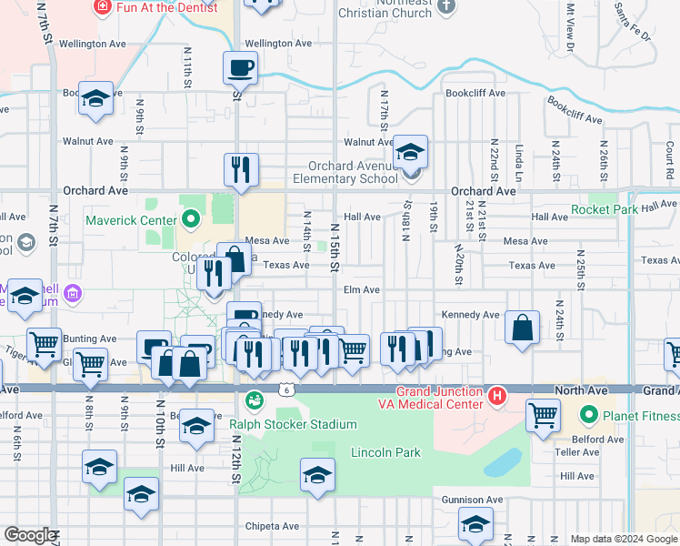 map of restaurants, bars, coffee shops, grocery stores, and more near 1502 Elm Avenue in Grand Junction