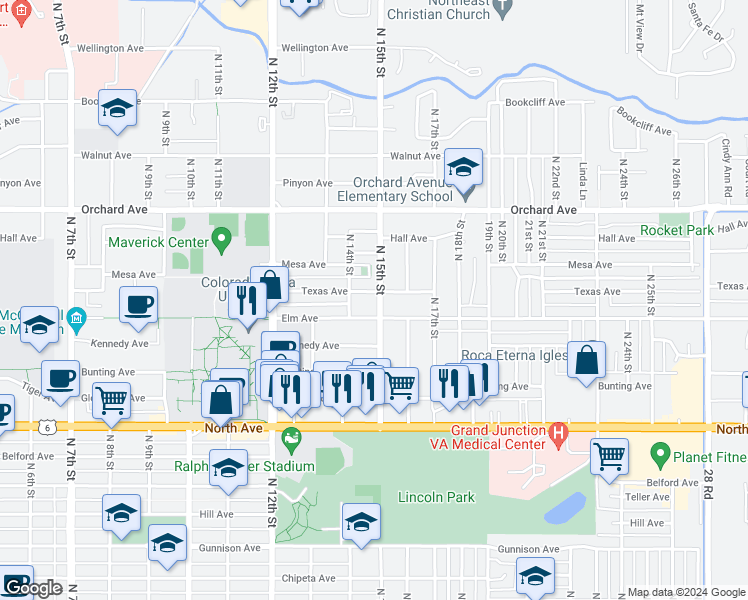 map of restaurants, bars, coffee shops, grocery stores, and more near 1502 Elm Avenue in Grand Junction