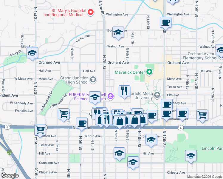 map of restaurants, bars, coffee shops, grocery stores, and more near 774 Elm Avenue in Grand Junction