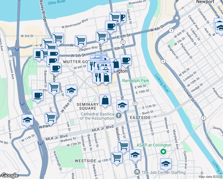 map of restaurants, bars, coffee shops, grocery stores, and more near 7 West 9th Street in Covington