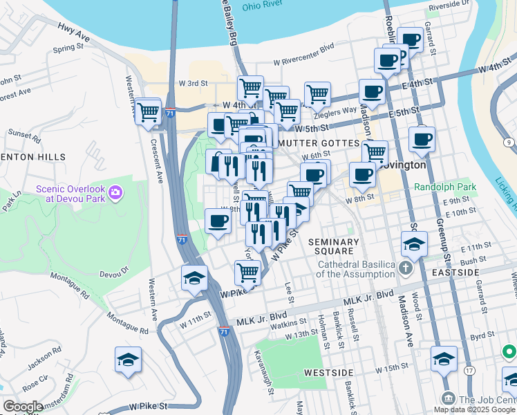 map of restaurants, bars, coffee shops, grocery stores, and more near 818 Main Street in Covington