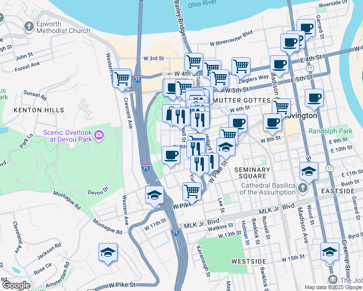 map of restaurants, bars, coffee shops, grocery stores, and more near 813 Bakewell Street in Covington