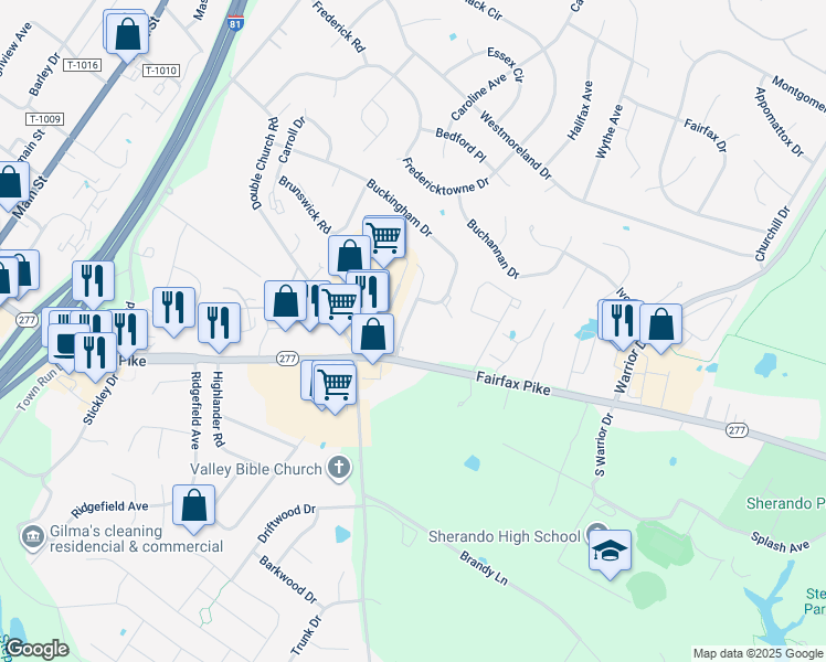 map of restaurants, bars, coffee shops, grocery stores, and more near 102 Nottoway Drive in Stephens City