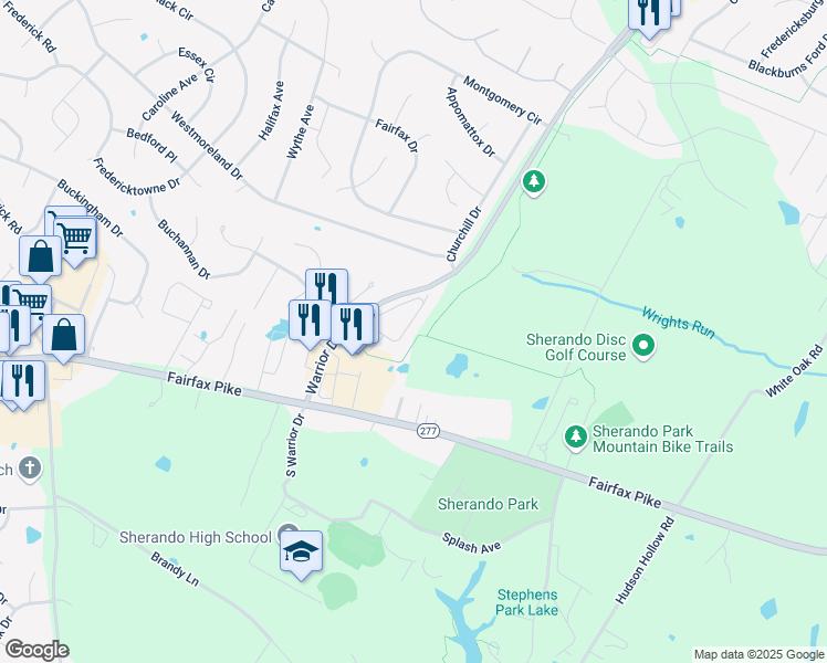 map of restaurants, bars, coffee shops, grocery stores, and more near 212 Sherando Circle in Stephens City