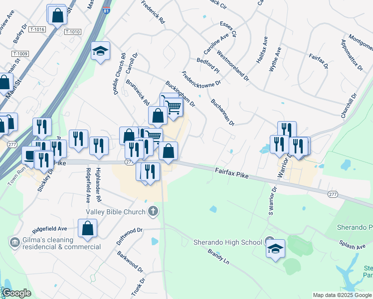 map of restaurants, bars, coffee shops, grocery stores, and more near 102 Nottoway Drive in Stephens City