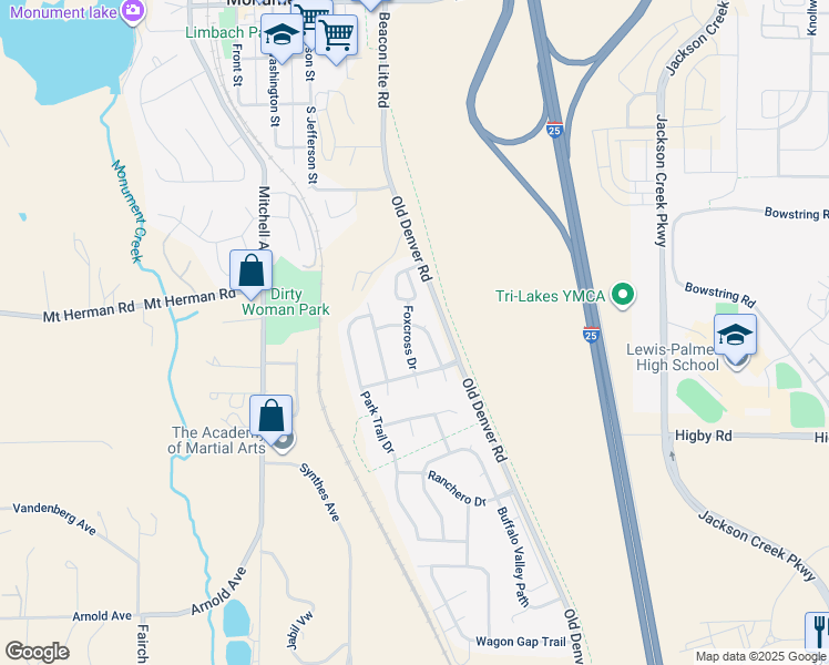 map of restaurants, bars, coffee shops, grocery stores, and more near 17135 Foxcross Drive in Monument