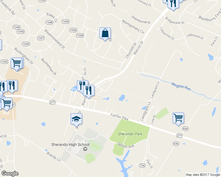map of restaurants, bars, coffee shops, grocery stores, and more near 212 Sherando Circle in Stephens City